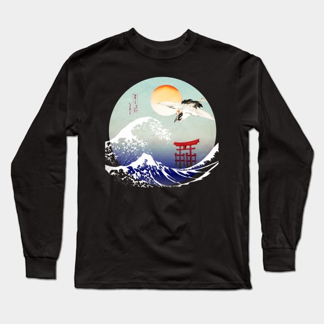 The Great Wave Japanese Crane Long Sleeve T-Shirt by Bluepress